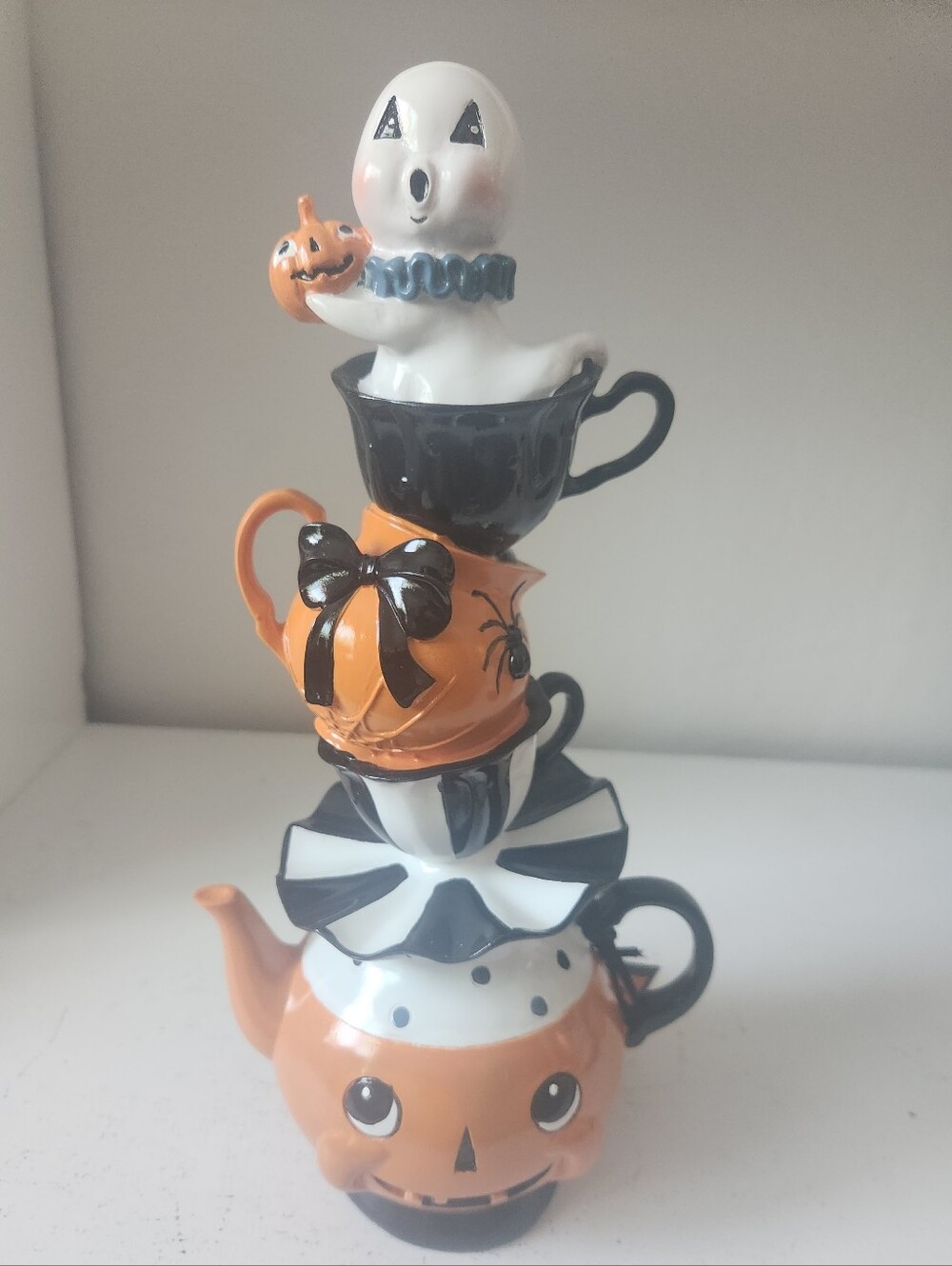 Halloween Retro Stacked Teapot Orange & Blk Pumpkin Ghost In Teacup Carnial